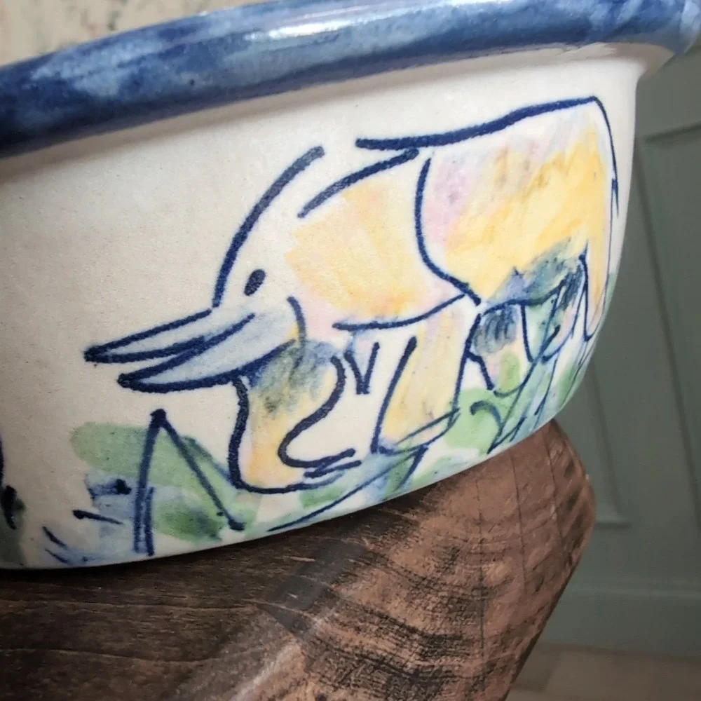 Hand Painted African Safari Pottery Bowl Zebra Elephant Antelope Blue Rim Tribal